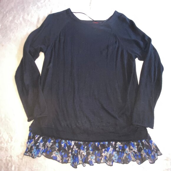 ELLE Long Sleeve Knit Sweater Top w/ Pretty Floral Ruffle Hem XL Black - Picture 3 of 8